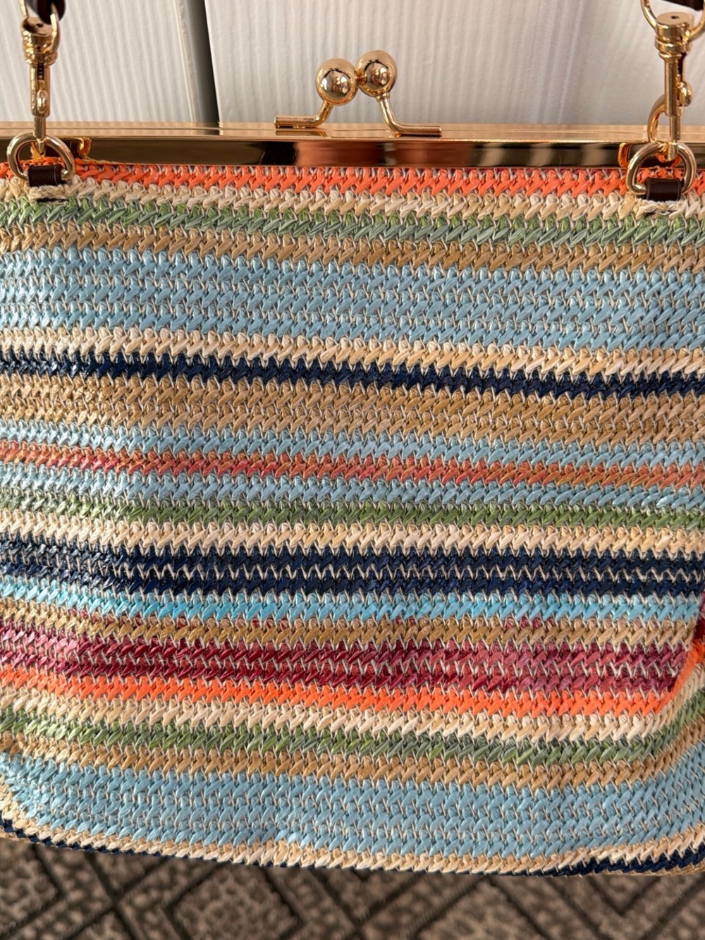 Boutique 9 Multicolor Striped Crochet Clutch with Gold Frame